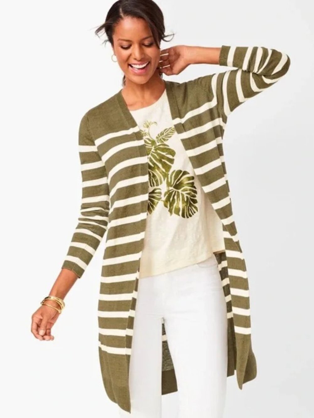 Talbots Lightweight 100% Linen Duster Cardigan in Green White Stripe, Size M